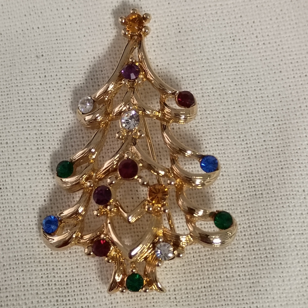 ❤️VINTAGE MONET GOLD TONE AND MULTI STONE CHRISTMAS TREE Brooch Pin